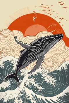 a drawing of a whale jumping out of the water with birds flying above it and an orange sun in the background