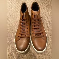 Brand New, Unworn Bruno Magli Sneaker. Leather Upper. Casual Brown Boots With Abzorb Midsole, High-top Leather Shoes With Leather Lining, Brown High-top Sneakers With Leather Sole And Round Toe, Brown High-top Sneakers With Leather Sole, Classic Brown High-top Sneakers, Brown Leather Mid-top High-top Sneakers, Classic Brown Lace-up High-top Sneakers, Casual Leather Shoes With Abzorb Midsole For Business, Casual Brown High-top Sneakers With Leather Sole