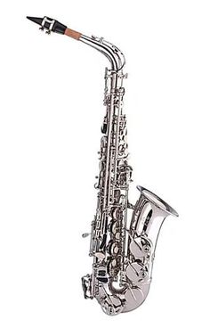 a silver saxophone is shown with its mouth open