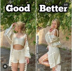 two pictures of a woman in short shorts and top with the words good better on them