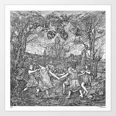 a black and white drawing of people dancing in the woods