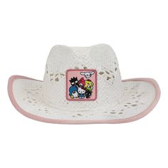 Get ready for sunny days in style with this delightful women’s white Hello Kitty & Friends cowboy hat. Made from vented straw and adorned with a colorful array of beloved characters including Tuxedo Sam, Badtz-Maru, Hello Kitty, My Melody, Keroppi, Chococat, Pom Pom Purin, and Cinnamoroll, this hat is a must-have for fans. The charming pink velvet lined brim adds a touch of elegance and comfort. Hand wash this hat in cold water and lay it flat to dry for long-lasting enjoyment. White Country Straw Hat For Rodeo, Playful White Sun Hat With Curved Brim, White Western Hat For Spring, White Summer Hat For Rodeo, White Western Straw Hat For Spring, Country Style White Sun Hat For Rodeo, White Wide Brim Straw Hat For Country Events, White Straw Hat With Short Brim For Country Events, Cute White Sun Hat With Short Brim