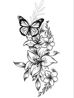 a black and white drawing of flowers with a butterfly on top