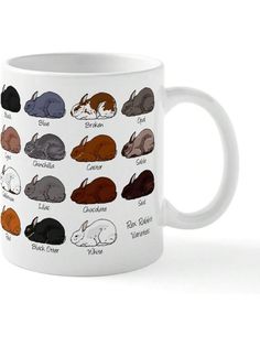 a coffee mug with different colored rabbits on it