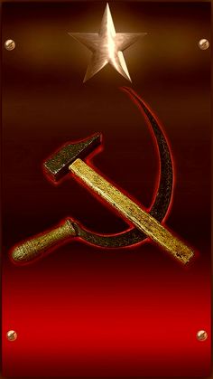 the hammer and sickle symbol is shown in gold on red with a star above it