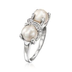 Ross-Simons - C. 2000 Vintage 7mm Cultured Pearl Ring, Diamond Accents. Size 6.25. C. 2000. What's better than one lovely pearl? Two lovely pearls! Our elegant Estate collection ring presents a pretty pair of 7mm cultured pearls with a curve of shimmering diamond accents in between. Finely crafted in polished 14kt white gold. 1/4" wide. White pearl ring. Exclusive, one-of-a-kind Estate Jewelry. Pearl birthstones are the perfect gift for June birthdays. White Pearl Ring, Cultured Pearl Ring, Pearl Birthstone, Jewelry Pearl, Ring With Diamond, Ring Diamond, Dream Jewelry, Pearl Ring, Cultured Pearls