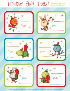 holiday gift tags with cartoon animals on them