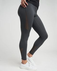 Danica Mesh Legging - Black Sand | Universal Standard Compressive Mesh Back Leggings For Pilates, Compressive Leggings With Mesh Back For Pilates, Compressive Workout Tights With Mesh Back, Yoga Tights With Mesh Back, Nylon Mesh Back Tights For Yoga, Nylon Yoga Tights With Mesh Back, Mesh Tights For Training In Athleisure Style, Athleisure Tights With Mesh Back For Training, Sporty High Stretch Tights With Mesh Back