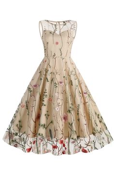 Zapaka Women Vintage Dress Embroidery A-Line 1950s Swing Dress – ZAPAKA Elegant Summer Dresses, Vestidos Retro, Floral Embroidery Dress, Vintage Long Dress, Mesh Overlay Dress, Robes Vintage, Vintage Midi Dresses, Tulle Evening Dress, Vintage 1950s Dresses