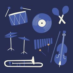 various musical instruments are arranged on a blue background