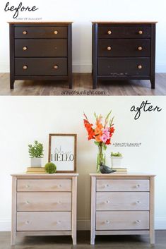 two dressers side by side with flowers in vases on top and bottom, before and after