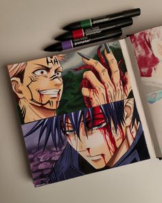 an open book with two pictures of anime characters on it and markers next to it