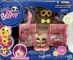 the littlest pet shop playset includes three dogs and two puppies in pink packaging