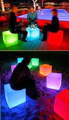 two pictures of people sitting on stools in the dark, one is lit up with colored lights