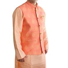 This Nehru Embroidered Half Jacket With Kurta Set Is Perfect For Weddings, Festivals And All Other Special Occasions. This Set Has Plain Peach Color Kurta Pajama With Beautiful Nehru Embroidered Half Jacket Which Gives A Very Elegant Look For Any Party And Festival. Traditional Festive Outerwear For Work, Traditional Pink Nehru Jacket For Spring, Festive Nehru Jacket With Stand Collar For Spring, Spring Festive Bandhgala With Stand Collar, Traditional Nehru Jacket For Spring Workwear, Fitted Nehru Jacket With Stand Collar For Spring, Traditional Spring Outerwear For Formal Occasions, Traditional Spring Formal Outerwear, Festive Outerwear With Stand Collar For Spring