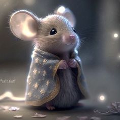 a little mouse is dressed up as a snowflake and wearing a gold cape