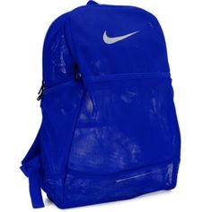 Item Details Style #94170 The Breathable Construction Of The Nike Brasilia Mesh Training Backpack Provides Optimal Ventilation For All Your Workout Gear. Polyester Construction Adjustable Padded Straps Breathable Mesh Design Large Main Compartment With External Zip Pocket Dual Side Pockets 18" H X 12" W X 7" D Blue Nylon School Bag, Blue Sports Backpack With Zipper Closure, Blue Nylon Bag For Back To School, Blue Nylon Backpack For Back To School, Blue Rectangular Nylon Backpack, Functional Blue Backpack Bag, Functional Blue Backpack, Blue Functional Backpack, Nike Bags With Zipper Closure For Back To School