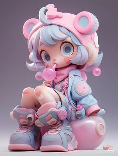 a small doll sitting on top of a pink object