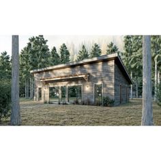 an artist's rendering of a small cabin in the middle of a wooded area