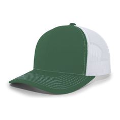 the green and white trucker hat is shown on a white background, it has a mesh