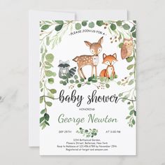 a baby shower card with woodland animals and leaves