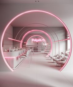 the interior of a restaurant with pink neon lights