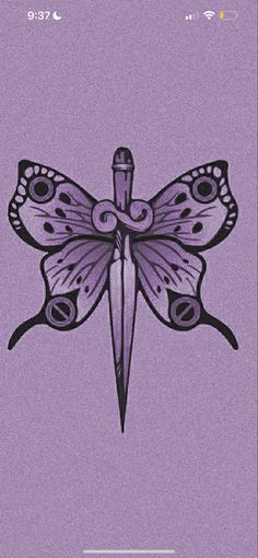 a drawing of a butterfly with a knife stuck in it's back end on a purple background