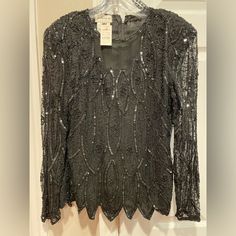 Stenay Top Black Silk Sequin Bead Round Neck Sheer Long Sleeve Back Zip Size Small Elegant Embellished Holiday Blouse, Formal Black Embellished Blouse, Elegant Beaded Tops For Night Out, Chic Beaded Blouse For Party, Chic Beaded Tops For Evening, Elegant Beaded Blouse For Party, Elegant Beaded Tops For Party, Elegant Evening Blouse For Holidays, Elegant Fitted Beaded Blouse