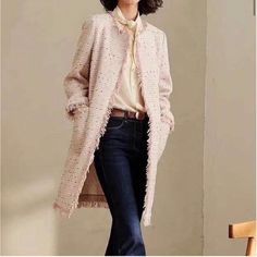 Beautiful Kate Spade Tweed Jacket Very Detailed Jacket Light Nice And Cozy Strawberry Mochi, Pink Tweed Jacket, Black White Blazer, Boucle Coat, Long Coat Jacket, Pink Tweed, Puffy Coat, Capes For Women, Tweed Coat