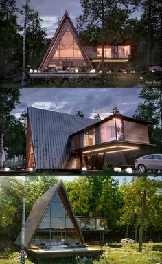 three different views of a house in the woods, with trees and grass around it