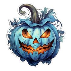 a blue pumpkin with glowing eyes and leaves on it's head, sitting in front of a white background