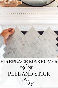 fireplace makeover using peel and stick tiles with text overlay reading fireplace makeover using peel and stick tiles