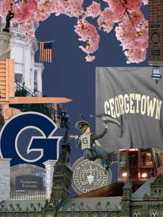 collage of images with the georgetown university logo and other things in front of them