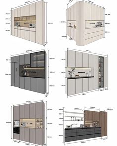 four drawings of kitchen cabinets and counters in various positions, with the measurements shown below