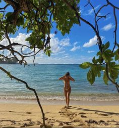 a woman standing on top of a sandy beach next to the ocean under a tree