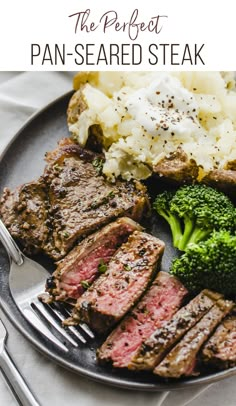 steak, mashed potatoes and broccoli on a plate with the title overlay