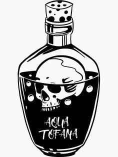 a black and white drawing of a bottle with a skull on it