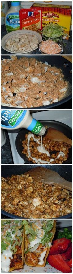 four different views of food being cooked in pans