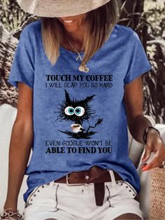 Cotton-Blend Casual Crew Neck Text Letters T-Shirts is fashionable and cheap, come to Lilicloth to find out about the Clothing Casual Tops For Women, Funny Cat, Plus Size Casual, Comfortable Outfits, Top Casual, Casual T Shirts, Short Tops, Printed Shorts, Casual Tops