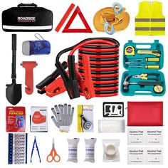 various tools and equipment are displayed on a white background, including an orange safety vest