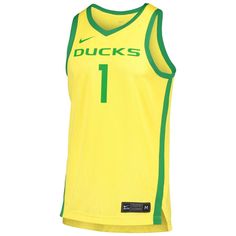 When it's Oregon Ducks basketball season, you'll always be ready to cheer them to victory when you have this Replica jersey from Nike. The design features authentic team graphics on the front and back for a little extra Oregon Ducks pizzazz. This jersey is also equipped with moisture-wicking Dri-FIT technology and Nike Dry fabrics for reliable comfort throughout every game this year. Brand: Nike Dri-FIT  technology wicks away moisture Droptail hem with front slits Heat-sealed graphics Imported M Basketball Team Jersey In Cotton, Basketball Team Logo Cotton Jersey, Basketball Jersey With Team Name In Cotton, Cotton Basketball Jersey With Team Logo, Basketball Team Name Cotton Jersey, Throwback Cotton Jersey For Team Events, Sleeveless Cotton Jersey With Team Spirit, Collegiate Cotton Basketball Jersey, Collegiate Basketball Jersey