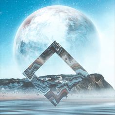 an artistic image of the shape of a triangle in front of a full moon and water