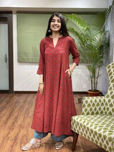 Product Description: Hand block Ajrakh printed kurta made in softest cotton. A kali fit kurta with split neck and pockets making it a must have in your wardrobe. Size and Fit: Model height is 5'3" and is wearing a size S Fit : Kali Fit Contents: 1. Kurta Material:  Kurta is made up of 100% cotton fabric. Pocket Dress Design Pakistani, Cotton Kurti Designs Latest Fashion, Salwar Models, Kurta Ideas, Office Wears, Stitching Designs, Desi Fits, Fashion Journal