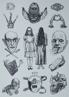 an image of some creepy faces and other things in black ink on a white paper