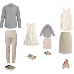 four pieces of clothing and shoes are arranged on a white background, including a shirt, skirt, top, pants, slip - on flats