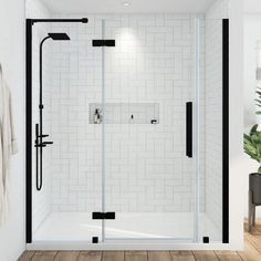 a white bathroom with black accents and wood flooring is pictured in this rendering image