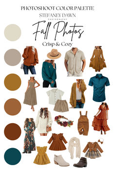 Bold and cheerful fall color palette with warm and cool tones. Yellow Color Scheme Family Pictures, Fall Photoshoot Palette, Fall Photography Color Palette, October Family Photos Outfits Colors, Color Combinations For Photoshoot, Teal Blue Family Pictures Outfits, Fall Family Photo Style Guide, Blue And Brown Fall Family Photos, Fall Leaves Family Pictures