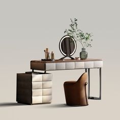 a desk with a mirror, chair and vase on it