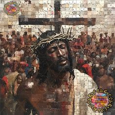 a painting of jesus on the cross surrounded by people