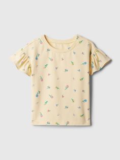 Soft cotton T-shirt.  Crewneck.  Short flutter sleeves.  Allover print.  Straight easy fit.  Hits at the hip.  Sizes range from baby to toddler. Floral Print Shorts, Baby Gap, Flutter Sleeves, The Gap, Yellow Floral, Mix Match, Flutter Sleeve, Cotton T Shirt, Neck T Shirt